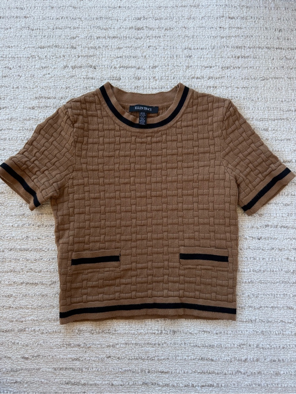 Ellen Tracy Brown Black Trim Textured Short Sleeve Knit Top Sweater XS Fall